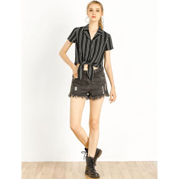 Striped Lapel Collar Top Short Sleeve Tie Front Crop Shirt Black - Picture 5 of 6